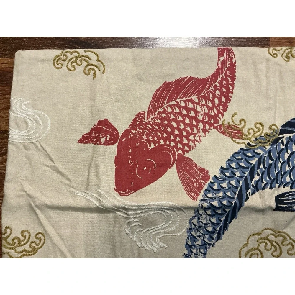 Japanese Style Red & Blue Koi Fish Embroidered Motifs Pillow Cover 26in X 15in